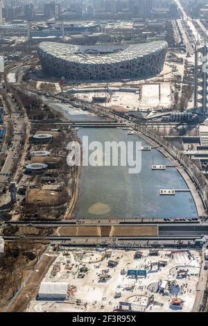 Pechino, Cina - 20 febbraio 2016: Vista areale del Nido degli Uccelli dello Stadio Nazionale di Pechino e del Parco Olimpico di Pechino Foto Stock