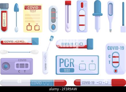 Set di icone di test Covid. Set di cartoni animati di icone vettoriali di test covid per il web design Illustrazione Vettoriale