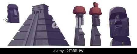 Antiche statue di moai e piramidi maya Illustrazione Vettoriale