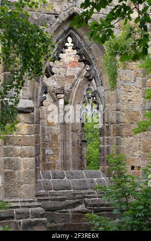 Finestra gotica ad arco in rovina chiesa monastica, Oybin, Sassonia, Germania Foto Stock