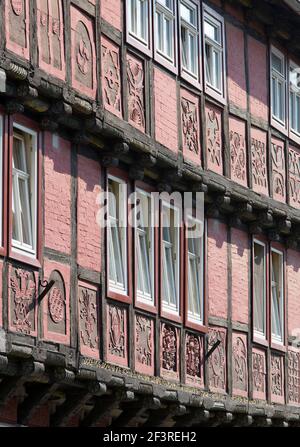 Facciata di legno incorniciato casa, Quedlinburg, Sassonia-Anhalt, Germania Foto Stock