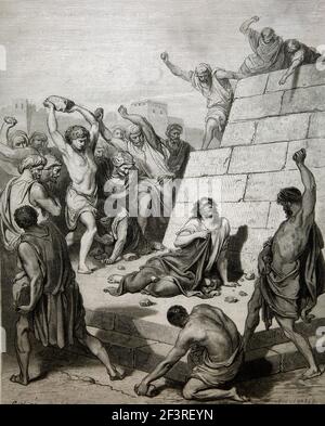 Storie bibliche - illustrazione del martirio di Santo Stefano dagli atti del nuovo Testamento 7: 59-60 Foto Stock