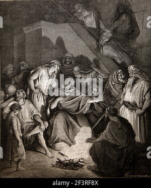 Storie bibliche- Illustrazione di San Pietro che nega Cristo dal Nuovo Testamento Giovanni 18:26-27 Foto Stock