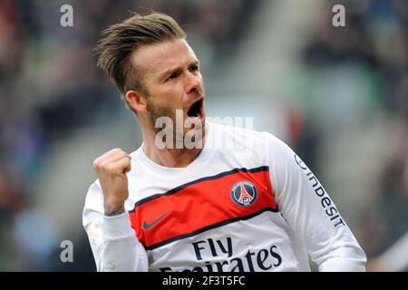 CALCIO - CAMPIONATO FRANCESE 2012/2013 - L1 - STADE RENNAIS V PARIS SAINT GERMAIN - RENNES (FRA) - 6/04/2013 - PHOTO PASCAL ALLEE / DPPI - JOY DAVID BECKHAM (PSG) SEGNA IL SECONDO GOL PER LA SUA SQUADRA Foto Stock