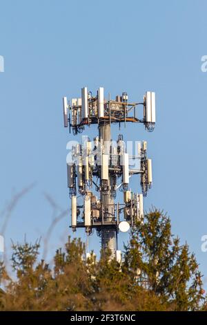 Immagine ravvicinata di una stazione ricetrasmittente base che torreggia sopra gli alberi in un luogo rurale. Queste potenti apparecchiature facilitano i segnali telefonici e Internet Foto Stock