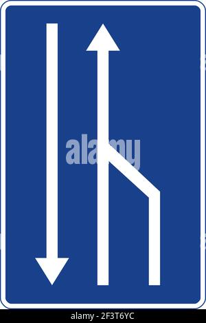 Segnale stradale rettangolare in blu e bianco, isolato su sfondo bianco. Fine corsia per il traffico Illustrazione Vettoriale