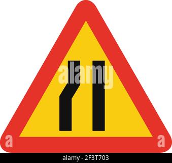 Segnale stradale triangolare in giallo e rosso, isolato su sfondo bianco. Avvertenza temporanea di strada stretta che precede sul lato sinistro Illustrazione Vettoriale