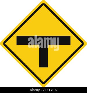 Segnale di traffico romboide in giallo e nero, isolato su sfondo bianco. Avvertenza di intersezione T. Illustrazione Vettoriale