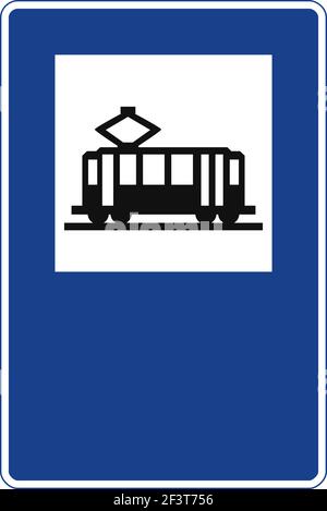 Segnale stradale rettangolare in blu e bianco, isolato su sfondo bianco. Fermata del tram Illustrazione Vettoriale