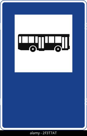 Segnale stradale rettangolare in blu e bianco, isolato su sfondo bianco. Fermata dell'autobus Illustrazione Vettoriale