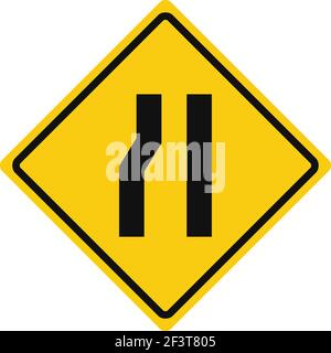 Segnale di traffico romboide in giallo e nero, isolato su sfondo bianco. Avvertimento di strada stretta che precede sul lato sinistro Illustrazione Vettoriale