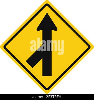 Segnale di traffico romboide in giallo e nero, isolato su sfondo bianco. Avviso di convergenza del traffico da sinistra Illustrazione Vettoriale