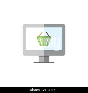 Negozio online. Schermo del computer e carrello della spesa. Icona a colori piatti. Illustrazione del vettore commerciale isolato Illustrazione Vettoriale