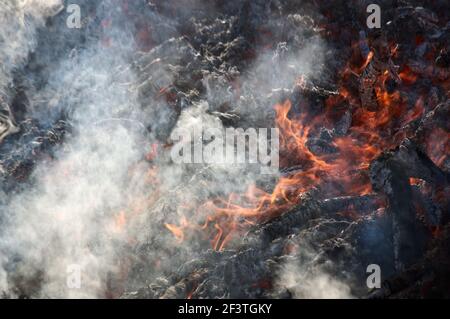 Immagine di un palo che brucia in un fuoco controllato e. causato durante il dissodamento usuale in agricoltura Foto Stock