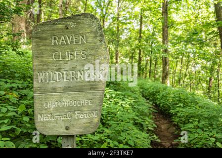 Segnavia per la natura selvaggia delle scogliere di Raven nella foresta nazionale di Chattahoochee lungo l'Appalachian Trail vicino a Walasi-Yi nella Georgia nord-orientale. (USA) Foto Stock