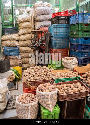 Stand di patate al mercato di Paloquemao, Bogotà, Colombia Foto Stock