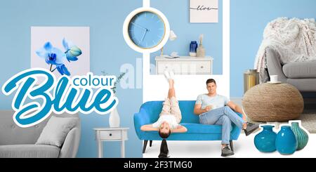 Bel collage di giovani coppie che si rilassano sul divano e di stile interni della camera in colori blu Foto Stock