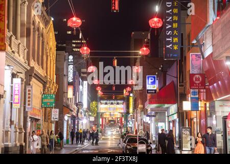 Chinatown nel centro di Melbourne con negozi e ristoranti, Melbourne CBD, Victoria, Australia Foto Stock