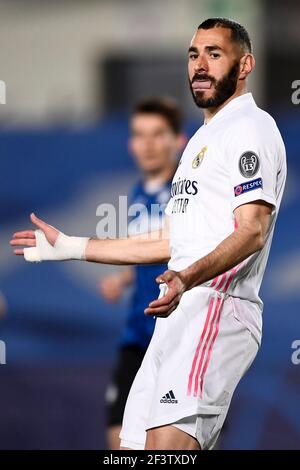 Madrid, Spagna - 16 marzo 2021: Karim Benzema del Real Madrid CF reagisce durante la UEFA Champions League Round di 16 seconda tappa tra Real Madrid CF e Atalanta BC. Il Real Madrid CF ha vinto 3-1 su Atalanta BC. Credit: Nicolò campo/Alamy Live News Foto Stock