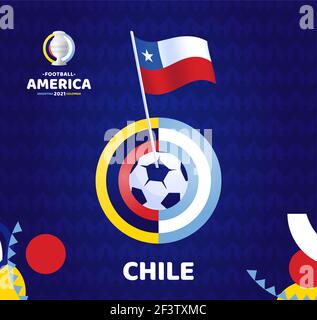 Chile wave flag on pole and soccer ball. South America Football 2021 Argentina Colombia vector illustration. Tournament pattern abckground Stock Vector