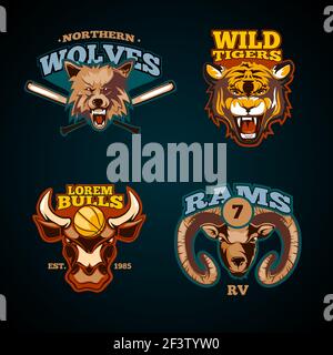 Etichette vettoriali sportive con teste di animali. Emblemi di lupo, tori, montone e tigre. Capo sport animale, tigre e bufalo, etichetta sportiva RAM, logo bull sport Illustrazione Vettoriale