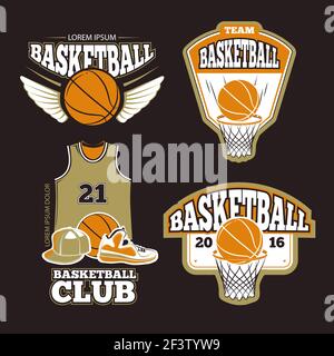 Squadra di basket vettoriale colore vintage emblemi, etichette, badge, set di loghi. Etichetta da basket e stemma per l'illustrazione del basket Illustrazione Vettoriale