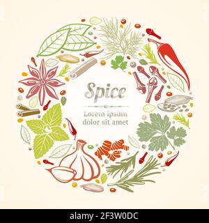 Spezie ed erbe icone in composizione circolare. Concetto di stile di vita sano vettoriale. Piante di spezie biologiche, spezie naturali, spezie di composizione e cerchietto di erbe, Illustrazione Vettoriale