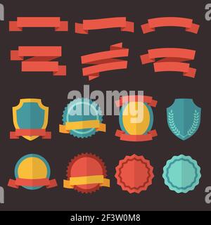 Badge, etichette e nastri retrò. Badge con nastro adesivo, nastro di etichette colorato, insegne con nastro emblema. Illustrazione vettoriale impostata in stile piatto Illustrazione Vettoriale