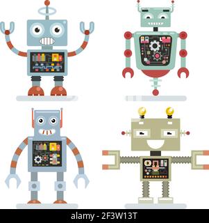 Robot icone piatte. Robot pittogrammi vettore. Tecnologia macchina giocattolo futuristico illustrazione Illustrazione Vettoriale