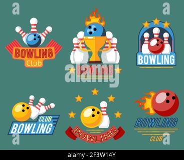 Emblemi di bowling e etichette di gioco di bowling design piatto. Bowling sport e gioco di bowling. Illustrazione vettoriale Illustrazione Vettoriale