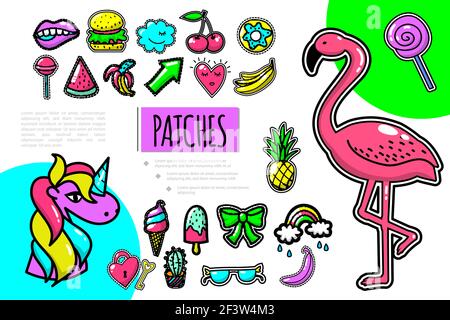 Pop art Patches composizione con fenicottero unicorno frutti arco arcobaleno occhiali chiave burger ciliegia ciambella bocca lollipop vettore illustrazione Illustrazione Vettoriale