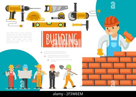 Composizione per edilizia piatta con ingegneri costruttori che perforano motosega circolare nastro di misurazione elmetto righello martello sega illustrazione vettoriale Illustrazione Vettoriale
