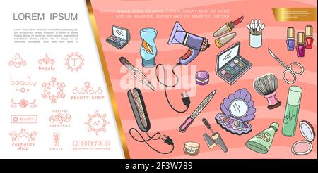 Concetto di trucco disegnato a mano con prodotti cosmetici accessori per manicure asciugacapelli la piastra per capelli e il salone di bellezza emblemi illustrazione vettoriale Illustrazione Vettoriale