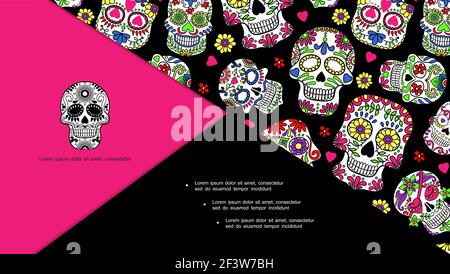 Mexican Day of the Dead composizione con teschi di zucchero ornamento floreale in illustrazione vettoriale disegnata a mano Illustrazione Vettoriale