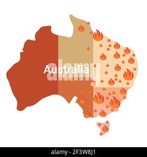 mappa dell'Australia con simboli fuoco fuoco fuoco fuoco fuoco fuoco fuoco fuoco stagionale fuoco selvaggio globale riscaldamento naturale disastro concetto arancione fiamme icone flat Illustrazione Vettoriale