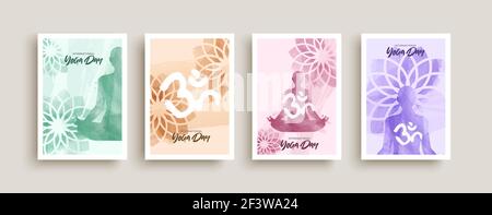 Set di illustrazioni per poster per l'evento della giornata internazionale dello yoga. Persone che fanno meditazione lotus posa con fiore e om simbolo decorazione in astratto acquerello p Illustrazione Vettoriale