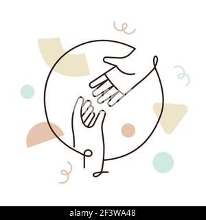 Le mani della gente che si raggiungono l'una per l'altra. Concetto di idea di lavoro di squadra aziendale o progettazione di aiuto sociale. Cartoni animati aziendali dallo stile moderno e piatto. Illustrazione Vettoriale