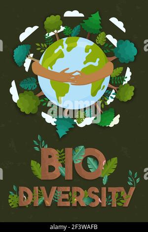 Biodiversità illustrazione verticale delle mani umane che abbracciano la terra del pianeta con piante selvatiche e alberi verdi. Cura globale della natura o campagna eco-friendly c Illustrazione Vettoriale