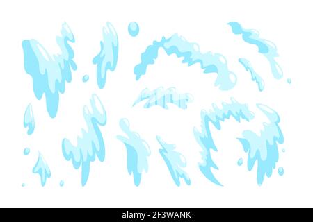 Gocce d'acqua e schizzi. Gocciolamento di acqua in stile cartone animato. Illustrazione vettoriale isolata su sfondo bianco Illustrazione Vettoriale