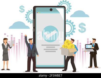 Uomini d'affari con uno smartphone gigante con un segno di spunta approvato. Concetto di operazioni finanziarie, operazioni di pagamento non in contanti, sistema di pagamento o Mone Illustrazione Vettoriale