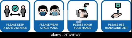 Segno di prevenzione del coronavirus. Distanza sociale, indossare maschera, lavare le mani, utilizzare mani disinfettante illustrazione vettoriale. Covid-19 segni pandemici. Illustrazione Vettoriale