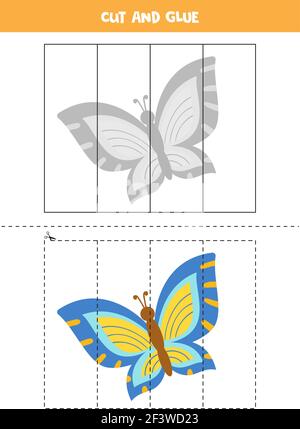Taglia e colla gioco per i bambini con carina farfalla. Pratica di taglio per i preschoolers. Illustrazione Vettoriale