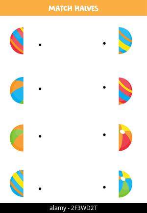 Abbina metà di palline colorate cartoon. Gioco logico per bambini. Illustrazione Vettoriale
