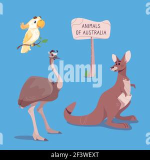 Illustrazione vettoriale di un canguro marsupiale marrone, di uno struzzo emu e di un cockatoo, isolato su sfondo blu. Carino animali australiani in stile cartoon. Disegno, per la stampa, per libri per bambini, carte Illustrazione Vettoriale