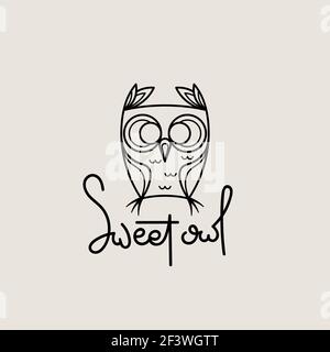 Logo con contorno di gufo dolce. Design con emblema isolato Doodel. Simbolo dell'educazione dei bambini. Illustrazione vettoriale Illustrazione Vettoriale