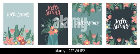 Serie di poster vettoriali con fiori per il giorno delle madri. Disegni per una scheda, un poster o una cartolina Illustrazione Vettoriale