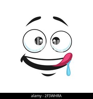 Soddisfatto yummy emoji isolato emoticon smiley con saliva gocciolando dalla lingua. Vector soddisfatto emoji affamato pronto a gustare cibo gustoso. Stuzzicante smiley, Illustrazione Vettoriale