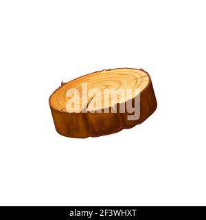 Tronchi di legno rotondo, corteccia tritata di legno secco in poltello isolato cartoon piano icona. Vector ha tagliato tronco di albero con anelli di legno. Cerchio di legname con cr Illustrazione Vettoriale