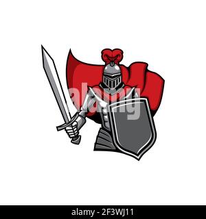 Icona medievale del vettore cavaliere, mascotte araldica del soldato, guerriero con spada e scudo. Attacco di guardia con lama in armatura e capo rosso. Antico kni reale Illustrazione Vettoriale