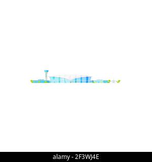 Edificio dell'aeroporto, terminale, icona isolata della torre di controllo del traffico. Vector moderna città aeroporto facciata, taxi e autobus, Sky Harbor. Aeroplani e controllo Illustrazione Vettoriale